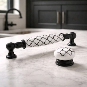 Schwarzer Porzellan Griff, weiß gemusterte Schubladenknäufe, rustikale Knäufe