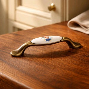 Floral White Porcelain Cabinet Pull, Copper Hardware