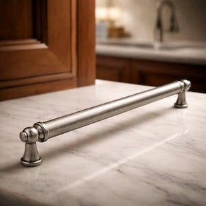 Brushed Nickel Ringed Bar Cabinet Handle | Transitional Stepped Post Drawer Pull