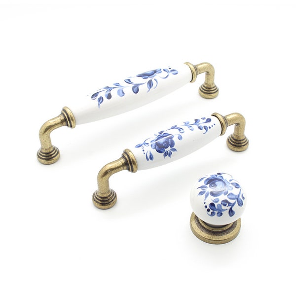 Porcelain Handle, Bronze Handle, White Porcelain, Knobs Pulls, Cabinet Pulls, Knobs Wardrobe, Furniture Handle, Blue Flowered Handle