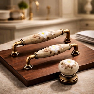 Tiradores de porcelana floreada, tiradores de bronce, herrajes para muebles beige