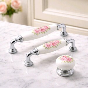 Maniglia per mobile in porcellana floreale, maniglia per mobili in argento, pomello per guardaroba