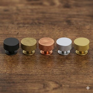 May include: Five metal cabinet knobs in a row, each with a different finish: black, brass, copper, silver, and gold. The knobs have a cylindrical shape with a textured, knurled surface on the sides and a flat top. They are displayed on a wooden surface.