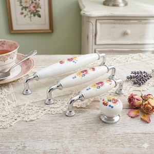 White Porcelain Floral Drawer Pulls, Vintage Cabinet Handles, Chrome Knobs