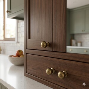 May include: Close-up of a dark wood cabinet with brass knobs. The cabinet has a drawer and a door. The knobs are round and have a vintage look. The cabinet is in a kitchen setting with a white countertop and a bowl of apples.