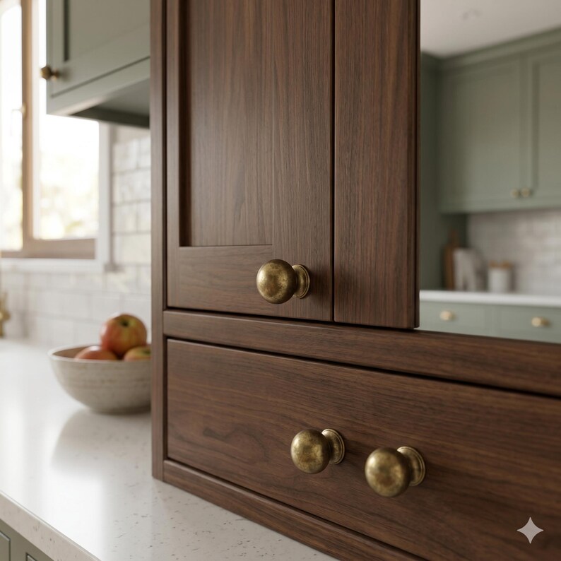 May include: Close-up of a dark wood cabinet with brass knobs. The cabinet has a drawer and a door. The knobs are round and have a vintage look. The cabinet is in a kitchen setting with a white countertop and a bowl of apples.
