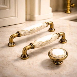 Vintage White Porcelain Cabinet Pull, Antique Brass, Rustic Wardrobe Handle