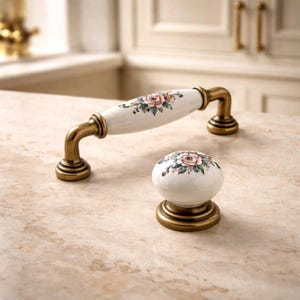 Floral Porcelain Cabinet Handle and Knob Set, Bronze Accents