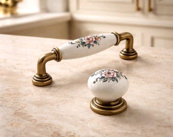 Puxadores de porcelana floral para armários e gavetas, ferragens rústicas em latão antigo.