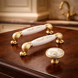 Tirador de porcelana para gabinete, detalles dorados, tirador para cajón de tocador