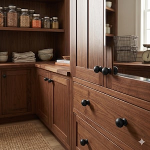 May include: A wooden kitchen pantry with dark brown cabinets and drawers. The pantry features black round knobs, open shelves with glass jars, and a woven rug on the floor. The countertop is made of light brown wood.