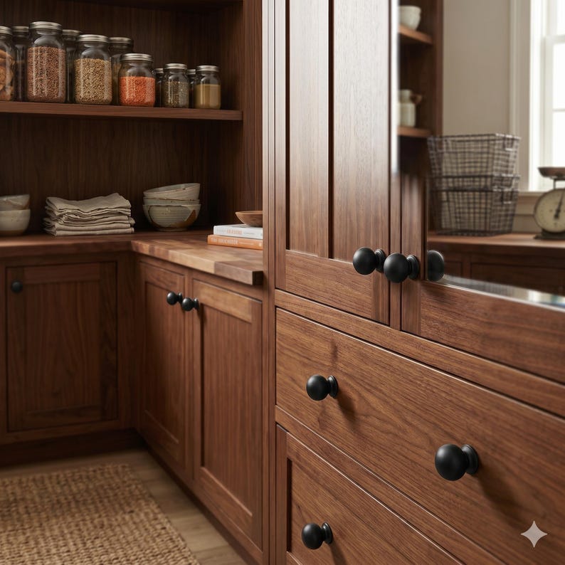 May include: A wooden kitchen pantry with dark brown cabinets and drawers. The pantry features black round knobs, open shelves with glass jars, and a woven rug on the floor. The countertop is made of light brown wood.