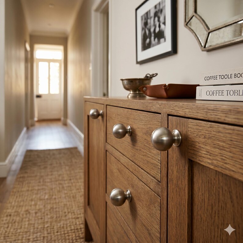 May include: A light oak cabinet with brushed steel knobs and drawers. A framed black and white photograph and a decorative mirror are on the wall above. A metal bowl and a leather tray sit on top.
