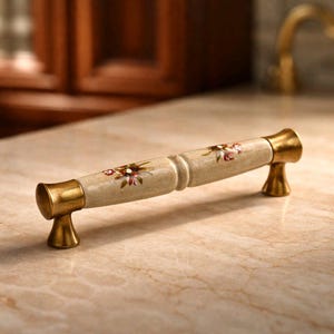 Floral Porcelain Bow Handle, Beige Rustic Cabinet Door Pull