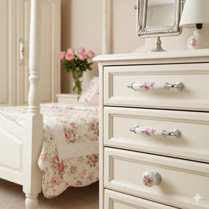 Pink Rose Ceramic Cabinet Pulls, Chrome Floral Drawer Handles, Shabby Chic Porcelain Hardware