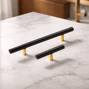 Modern T-Bar Cabinet Pull | Vintage Brass, Matte Black, Black-Gold