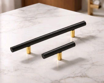 Modern T-Bar Cabinet Pull | Vintage Brass, Matte Black, Black-Gold