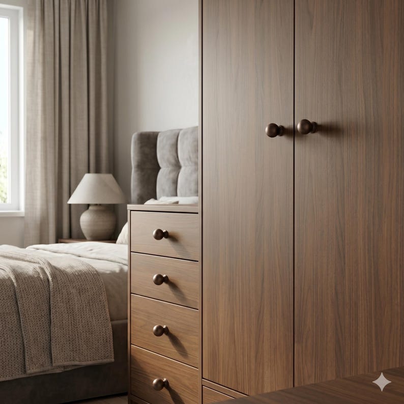 May include: A bedroom interior with a dark wood wardrobe and a matching chest of drawers. The wardrobe has bronze knobs. A bed with a grey headboard and a beige throw is visible, along with a lamp and curtains.