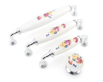 White Porcelain Handle, Vintage Porcelain Knobs, Cabinets Pulls, Pink Flowered Handles, Wardrope Knobs, Flowered Pulls, Chrome Knobs