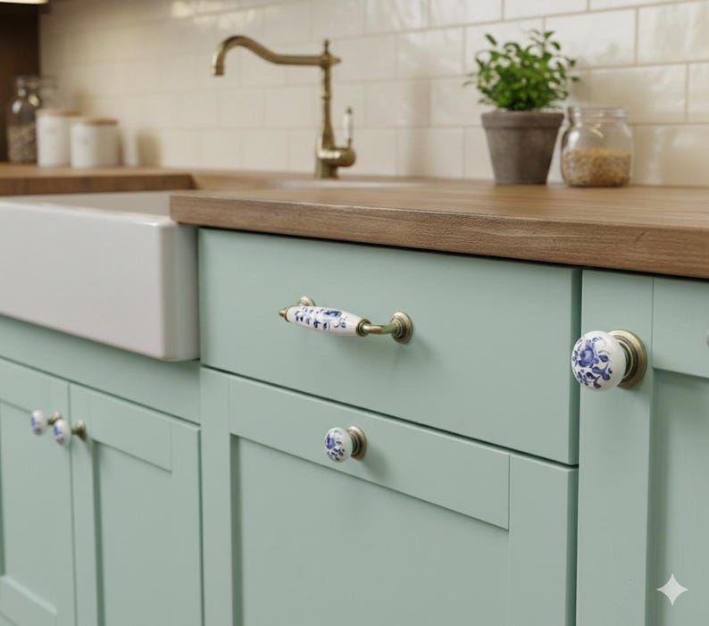 May include: A set of light green kitchen cabinets featuring white ceramic hardware with blue floral patterns. The hardware includes a horizontal drawer pull and two round knobs, all mounted with antique brass-toned metal fixtures.