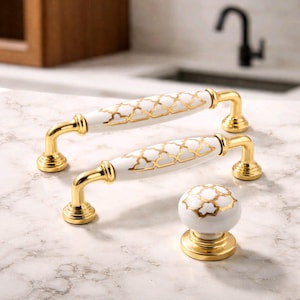 Tirador de tocador de porcelana blanca, pomo dorado, tirador turco