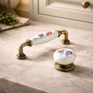 Floral Porcelain Cabinet Handle, Bronze Finish, Turkish Decor