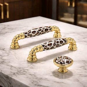 Maniglia per mobile in porcellana leopardata, maniglia per mobili dorata