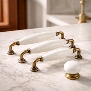Vintage White Porcelain Cabinet Pulls, Antique Brass Hardware