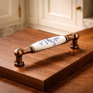 Porseleinen kastgreep, antieke koperen dressoirtrekker, knop met bloemen