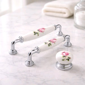 Flowered Porcelain Cabinet Handle, Silver Dresser Pull, Furniture Knob