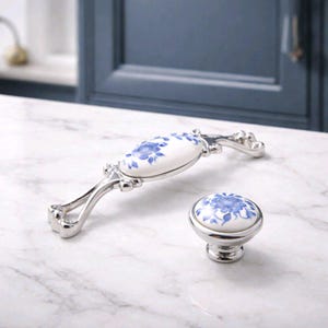 Pomo de porcelana floral para gabinete, detalle plateado, tirador para armario