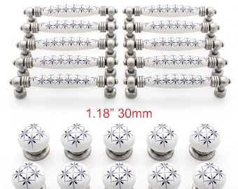 Blue White Ceramic Cabinet Hardware Set, Antique Silver Drawer Pulls Knobs
