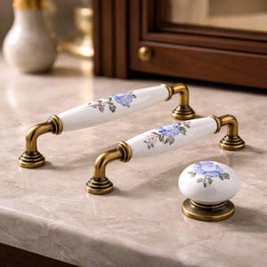 Tirador de porcelana con flores azules, pomo de bronce para muebles, decoración turca