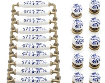 Blue Floral Ceramic Drawer Pulls Knobs Set, Vintage Farmhouse Cabinet Hardware (5 Inch 128mm)