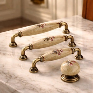 Vintage Floral Porcelain Cabinet Pulls, Rustic Gold Drawer Handles