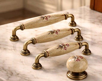 Vintage Floral Porcelain Cabinet Pulls, Rustic Gold Drawer Handles