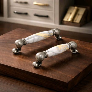 White Marble Porcelain Cabinet Handle, Silver Zinc Alloy, Elegance Knob