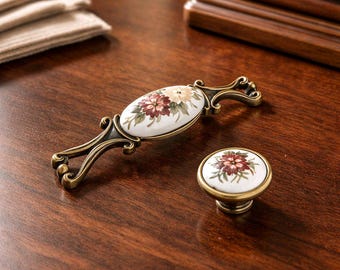 Antique Flowered Porcelain Drawer Pull, Zinc Alloy Handle