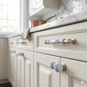 Blue Flowered Porcelain Cabinet Handle, Zinc Alloy, Gray and White