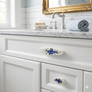 Blue Flowered Porcelain Cabinet Knobs, Dresser Pulls