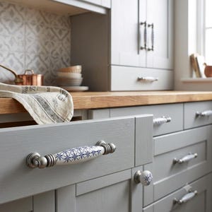 Può includere: Un cassetto da cucina grigio con una maniglia decorativa dotata di un centro in ceramica bianca e un motivo a stella blu. La maniglia presenta estremità in metallo argentato con dettagli a coste. Il cassetto fa parte di un mobile grigio con piano.