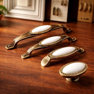 Tirador de gabinete de porcelana blanca vintage, tiradores de bronce antiguo amarillo