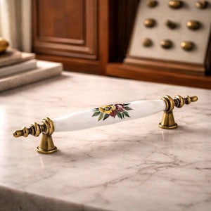 Blumen Porzellan Schrank Griff, Bronze Ton, Rustikale Dekor
