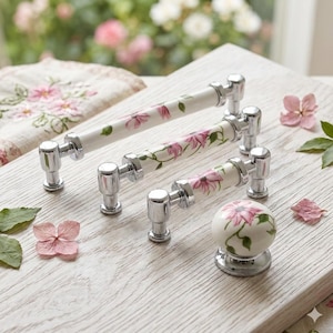 White Porcelain Floral Drawer Pulls, Chrome Cabinet Knobs, Vintage Style Handles