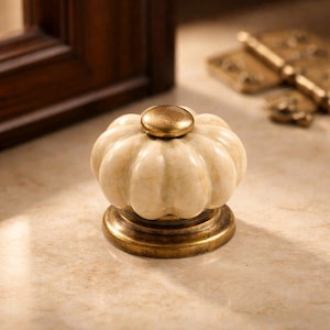 Beige Porcelain Cabinet Knob, Bronze Hardware, Turkish Decor