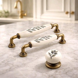 Puxador de porcelana para armário, puxadores de bronze, puxadores florais para cômoda.