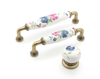 Floral Porcelain Cabinet Pulls, Bronze Drawer Handles, White Furniture Knobs
