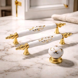 Maniglia per mobile in porcellana bianca, maniglia per cassettiera in foglia d'oro, pomello per mobili