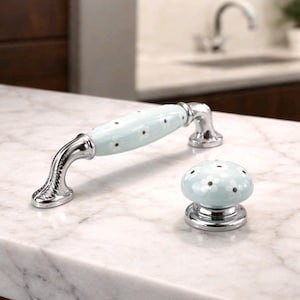 Maniglia per mobile in porcellana con motivo floreale azzurro, maniglia per cassettiera in argento