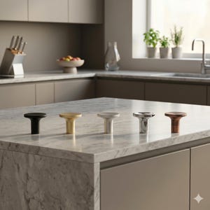 May include: Five cabinet knobs in a row, each with a different finish: black, gold, silver, chrome, and copper. The knobs are round with a short, cylindrical base, displayed on a marble countertop in a kitchen setting.